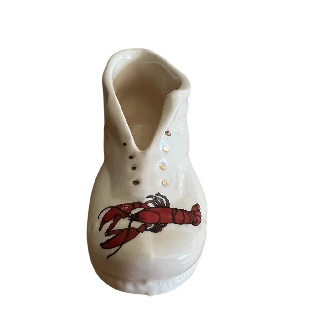 Vintage Ceramic Clog Shoe With Lobster Decor Made In England Small 4" White/Red
